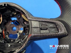 Dodge Hornet Custom Steering Wheel - Carbon Fiber - Flat Top/ Flat Bottom - w/ 2 Red Center Stripes - Perforated Leather